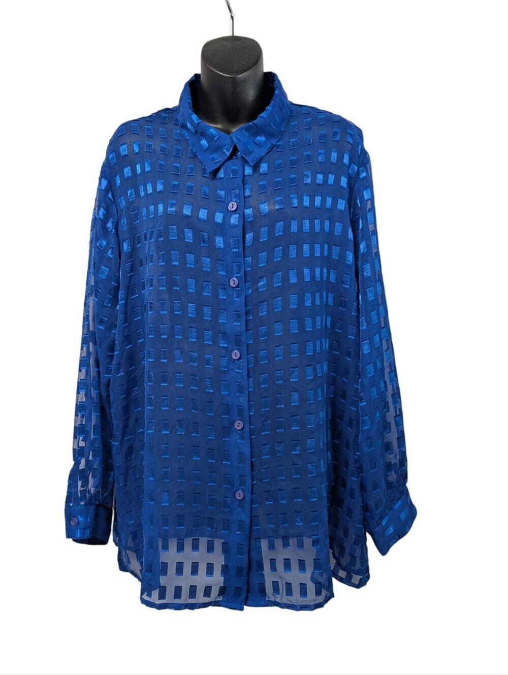 Notations Woman Blue Sheer Grid Metallic Button Down Blouse Top Plus Size 1X